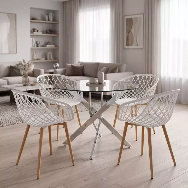 Dining Set with Ezra white Armchairs and Antoro Table glass with chrome base Φ100x75cm Set 5pcs