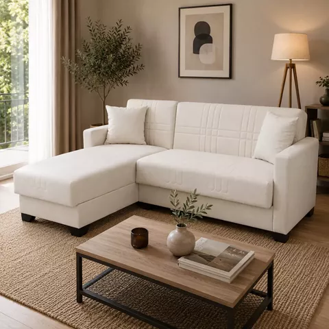 Corner sofa bed reversible with storage space Stashio pakoworld cream fabric 202x143x84cm