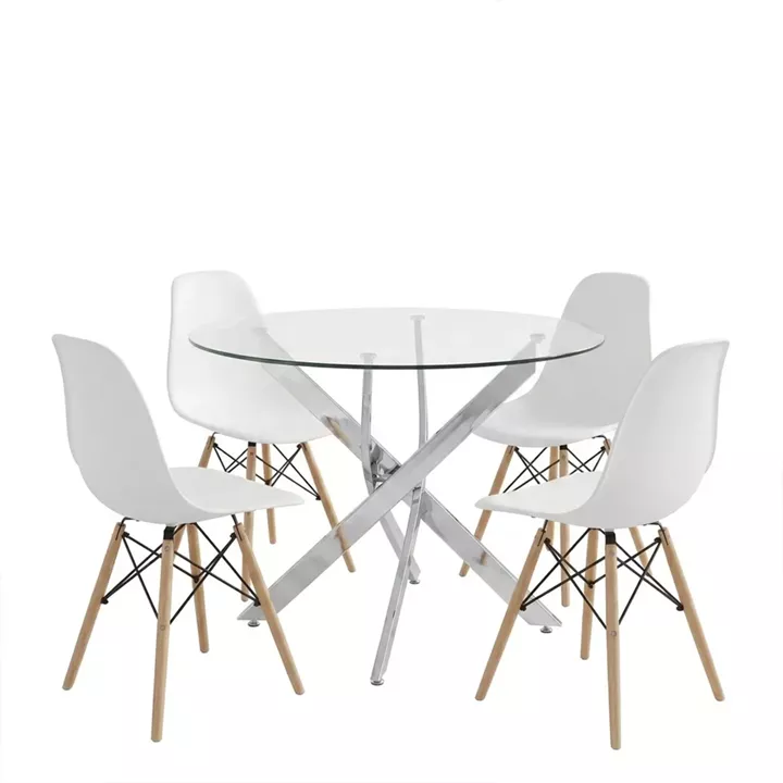 Dining Set with Julita white Chairs and Antoro Table glass with chrome base Φ100x75cm Set 5pcs