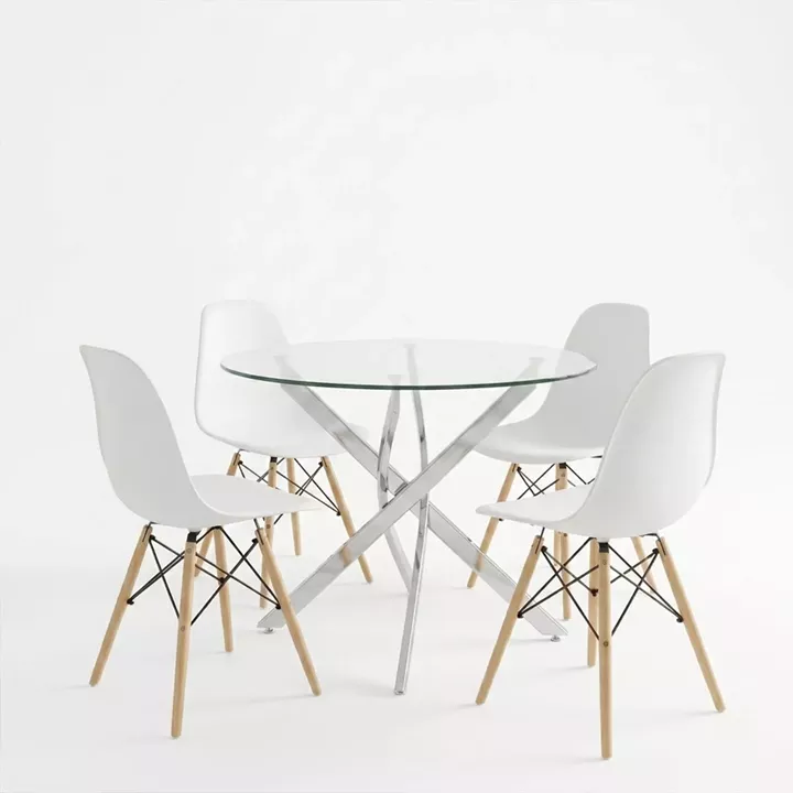 Julita dining set with white Chairs and Antoro glass table with chrome base Ø80x75cm 5-piece Set