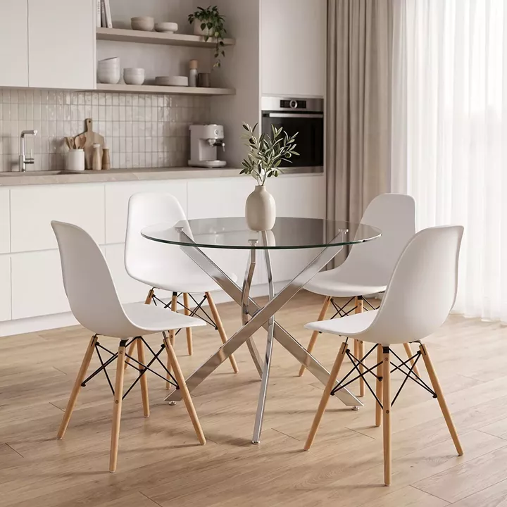 Julita dining set with white Chairs and Antoro glass table with chrome base Ø80x75cm 5-piece Set