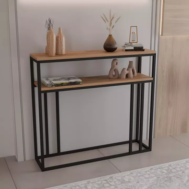 Daleti pakoworld console in oak color with black metal frame 100x25x90cm