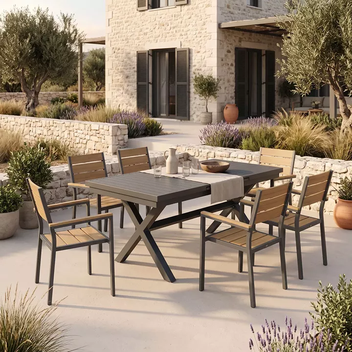 Dining set Dagyn Breze pakoworld set 7pcs anthracite aluminum with natural shade 180-240x90x76cm