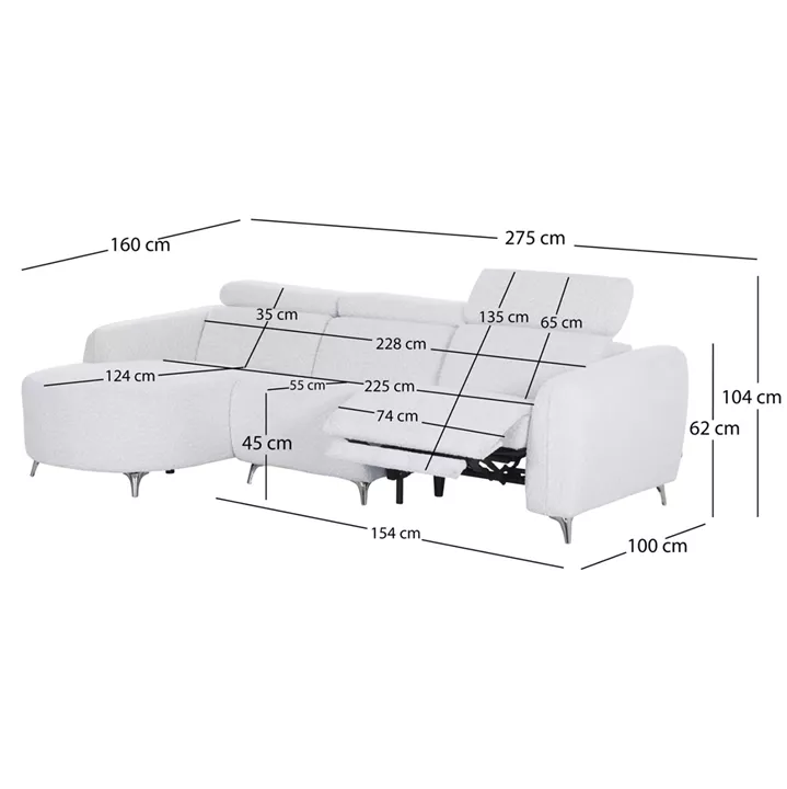 ΚΑΝΑΠΕΣ ΑΡΙΣΤΕΡΗ ΓΩΝΙΑ 3Θ ΜΕ RECLINE VALENTE HM3317.01L ΑΝΟΙΧΤΟ ΓΚΡΙ ΥΦΑΣΜΑ 275x160x104Yεκ