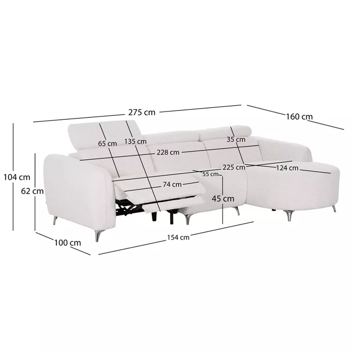 ΚΑΝΑΠΕΣ ΔΕΞΙΑ ΓΩΝΙΑ 3Θ ΜΕ RECLINE VALENTE HM3317.02R ΜΠΕΖ ΥΦΑΣΜΑ 275x160x104Yεκ