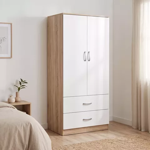 Ντουλάπα δίφυλλη με 2 συρτάρια Alvia pakoworld λευκό με sonoma 80x51.5x180εκ