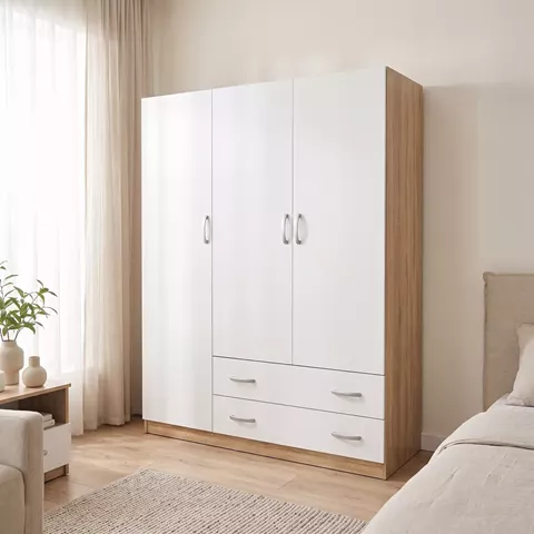 Ντουλάπα τρίφυλλη με 2 συρτάρια Alvia pakoworld λευκό με sonoma 150x51x180εκ