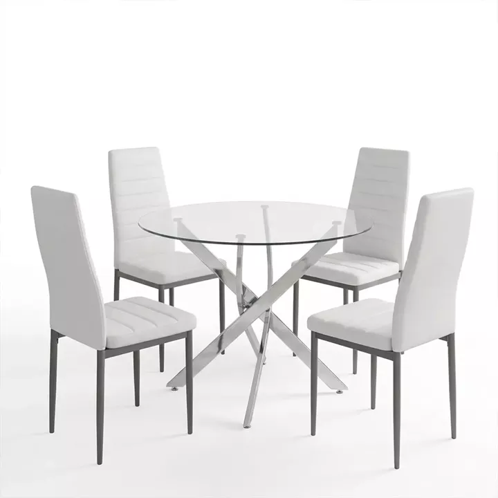 Dining Set with Parker white Chairs and Antoro Table glass with chrome base Φ100x75cm Set 5pcs