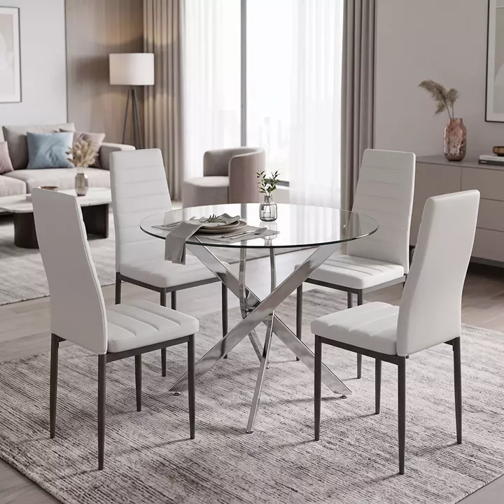 Dining Set with Parker white Chairs and Antoro Table glass with chrome base Φ100x75cm Set 5pcs