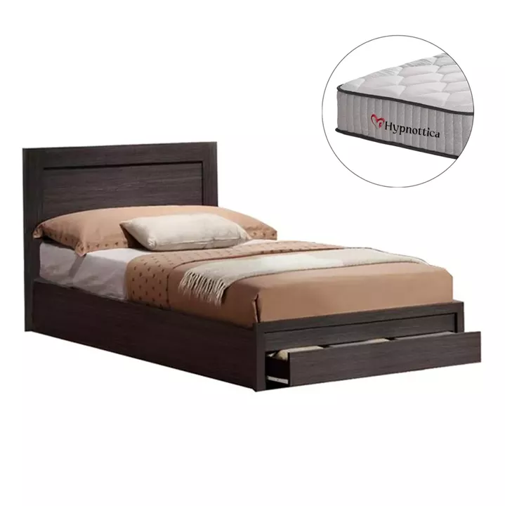 SINGLE BED WITH DRAWER & MATTRESS MELANY HM10756.02 MELAMINE IN ZEBRANO--FOR 90x190cm.