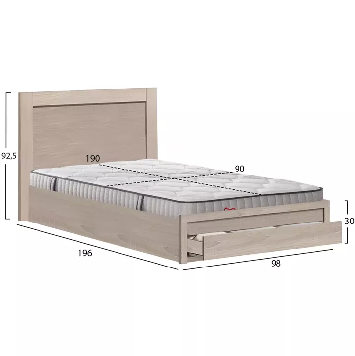 SINGLE BED WITH DRAWER & MATTRESS MELANY HM10756.03 MELAMINE IN SONAMA--FOR 90x190cm.