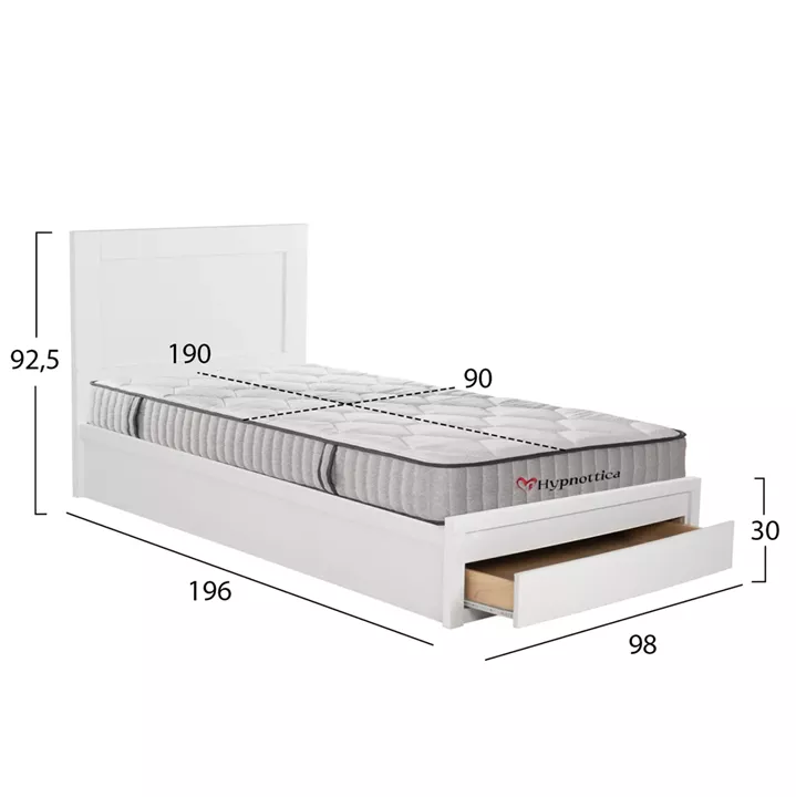 SINGLE BED WITH DRAWER & MATTRESS MELANY HM10756.05 MELAMINE IN WHITE--FOR 90x190cm.