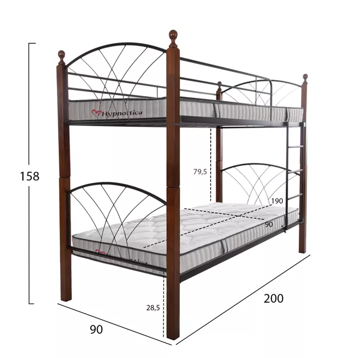 BUNK BED WITH MATTRESSES STOREY HM10749.10 METAL & RUBBERWOOD IN WALNUT--FOR MATTRESSES 90x190cm.