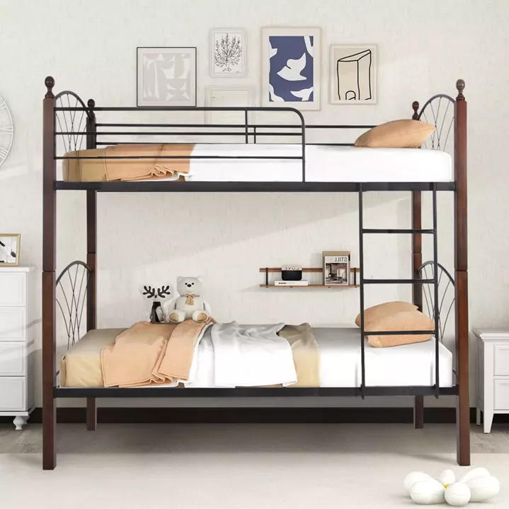 BUNK BED WITH MATTRESSES STOREY HM10749.10 METAL & RUBBERWOOD IN WALNUT--FOR MATTRESSES 90x190cm.