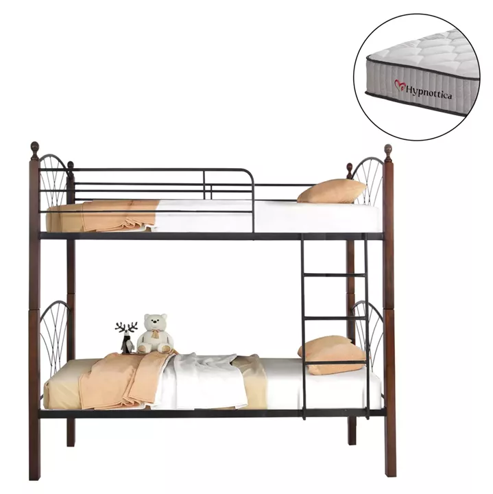 BUNK BED WITH MATTRESSES STOREY HM10749.10 METAL & RUBBERWOOD IN WALNUT--FOR MATTRESSES 90x190cm.