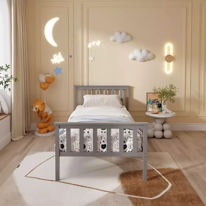 BED WITH MATTRESS GIMLY HM10751.03 PINE WOOD IN GREY COLOR FOR MATTRESS 90x190cm