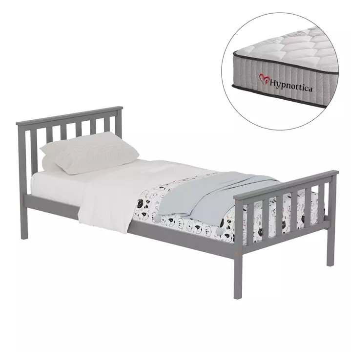 BED WITH MATTRESS GIMLY HM10751.03 PINE WOOD IN GREY COLOR FOR MATTRESS 90x190cm