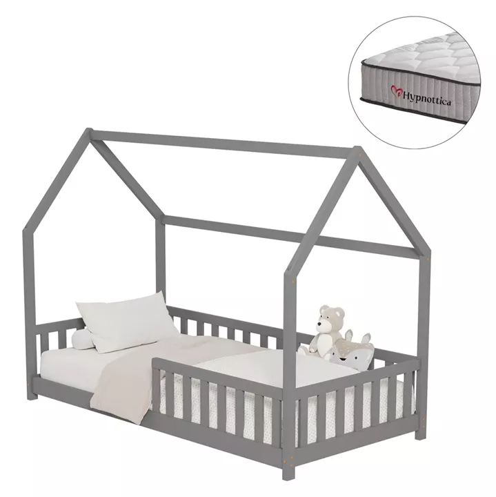 BED WITH MATTRESS PHYLLIS HM10753.03 PINE WOOD IN GREY--MATTRESS 90x190cm