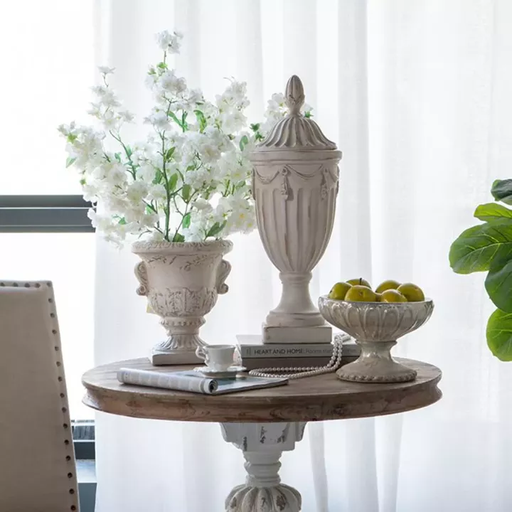 Artekko Pedestal Διακοσμητικό Δοχείο Βάζο με Καπάκι από Μαγνήσιο σε Λευκή Πατίνα (21x21x43)cm