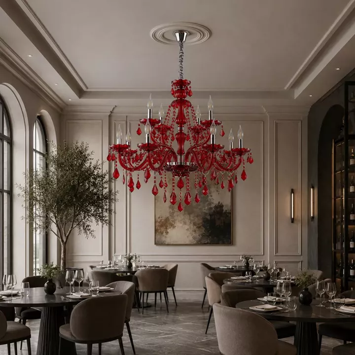 Artekko Chandelier Rubby Πολυέλαιος 12φωτος Ε14 με Κόκκινο Κρύσταλλο (80x80x72)cm