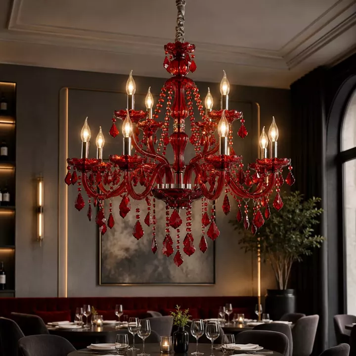 Artekko Chandelier Rubby Πολυέλαιος 12φωτος Ε14 με Κόκκινο Κρύσταλλο (80x80x72)cm