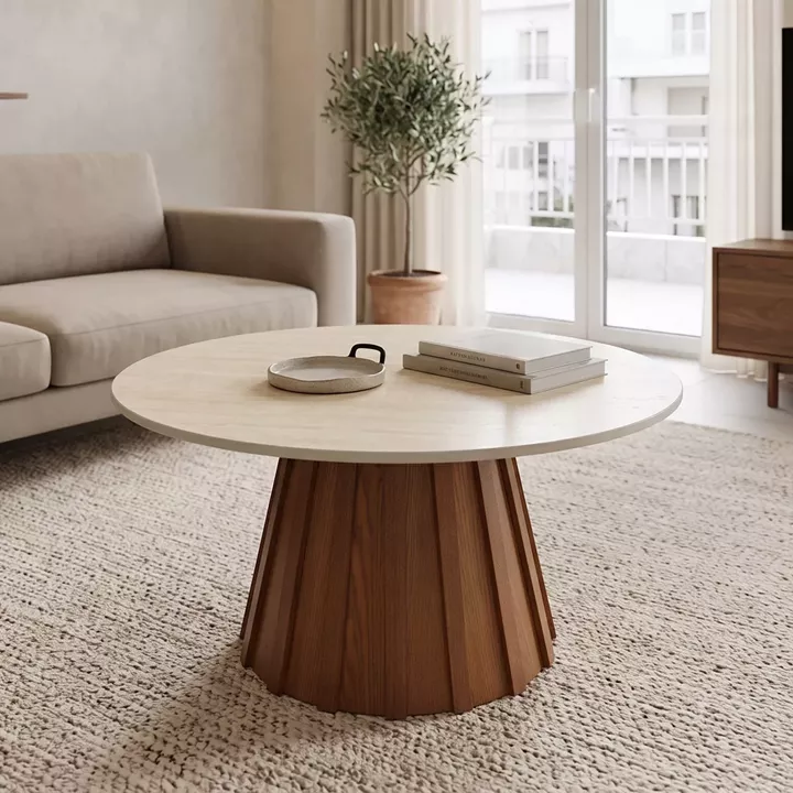 Coffee table Franzel pakoworld sintered stone in travertine look-mdf walnut D80x40cm