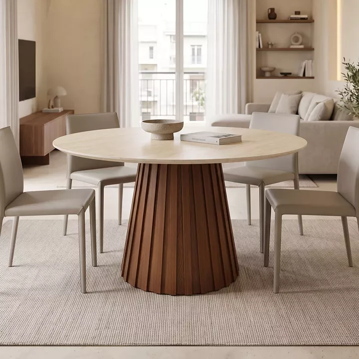 Dining table Franzel pakoworld sintered stone in travertine look-mdf walnut D120x75cm