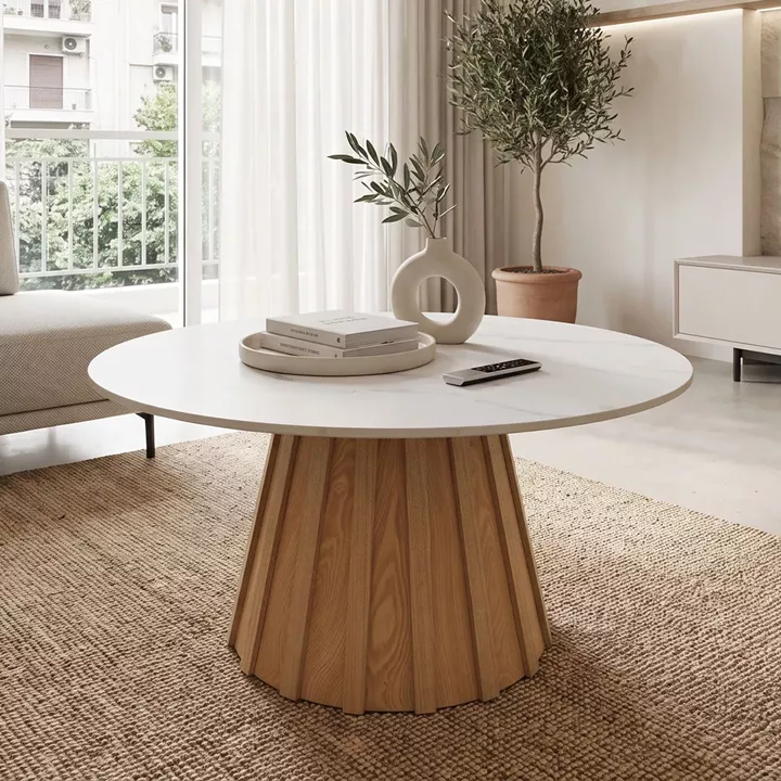 Coffee table Franzel pakoworld sintered stone in marble look-mdf in natural shade D80x40cm