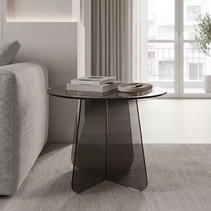 Τραπέζι βοηθητικό Cleary pakoworld tempered 8mm γυαλί ανθρακί Φ50x45εκ