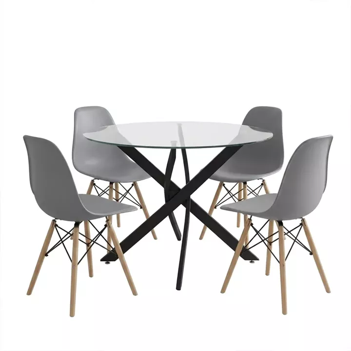 Dining Set with Julita Chairs grey and Antoro Table glass with black metal Φ100x75cm Set 5pcs
