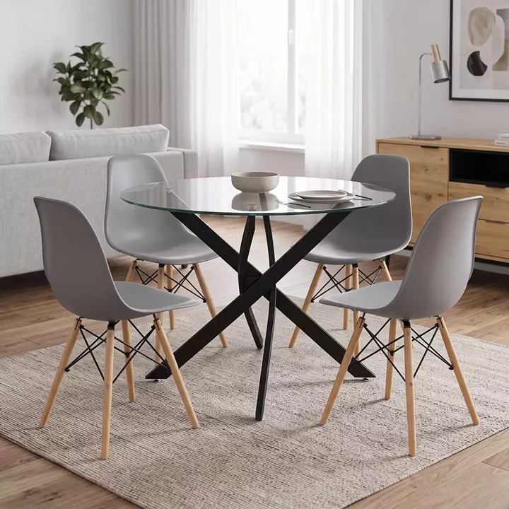 Dining Set with Julita Chairs grey and Antoro Table glass with black metal Φ100x75cm Set 5pcs