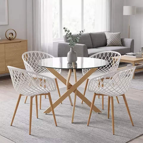 Τραπεζαρία με Πολυθρόνες Ezra λευκό και Τραπέζι Antoro γυαλί με μέταλο σε φυσική απόχρωση Φ100x75εκ Σετ 5τεμ