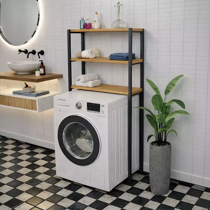 Ραφιέρα μπάνιου Valerio pakoworld oak με μαύρο μέταλο 73x22x150εκ