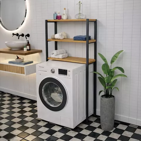 Ραφιέρα μπάνιου Valerio pakoworld oak με μαύρο μέταλο 73x22x150εκ
