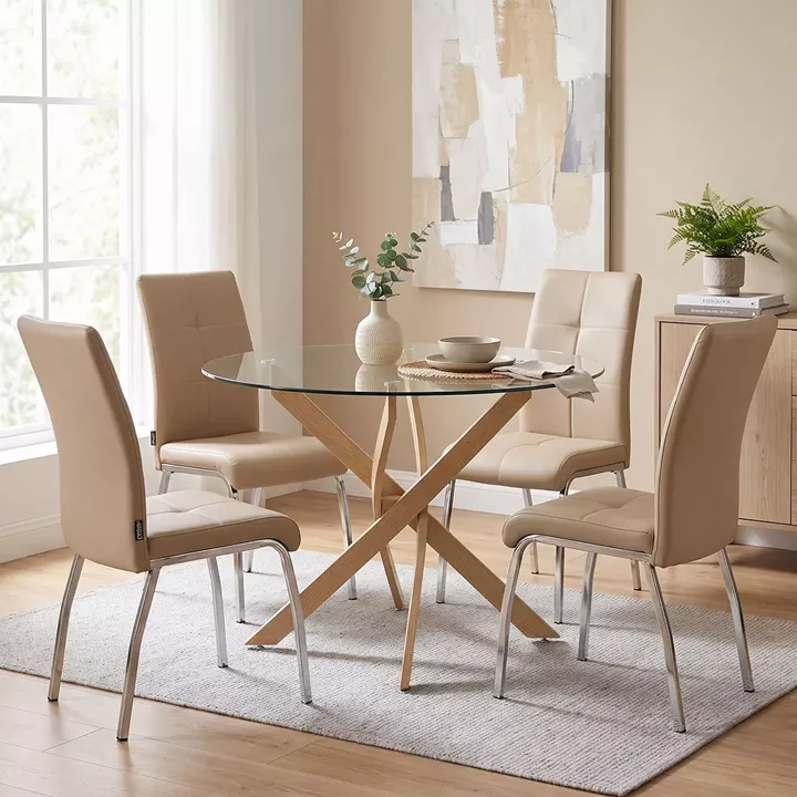 Dining Room with Ariadne Mocha Chairs and Antoro Glass Table Φ100x75cm Set of 5pcs