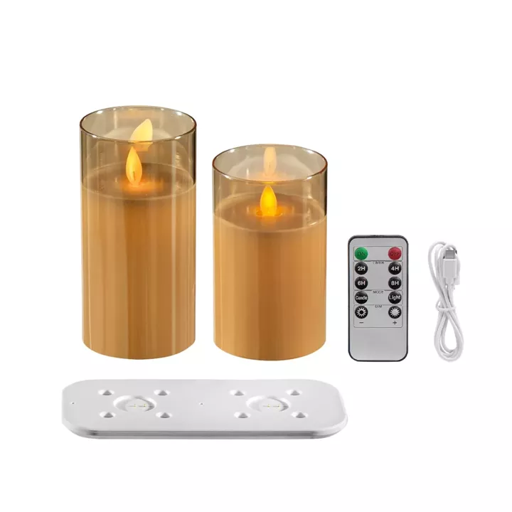 Artekko Flame Πορτοκαλί Γυάλινα Επαναφορτιζόμενα Κεριά Led με Τηλεχειριστήριο με Βάση σε USB (7.6x7.6x15.2)cm 2pcs