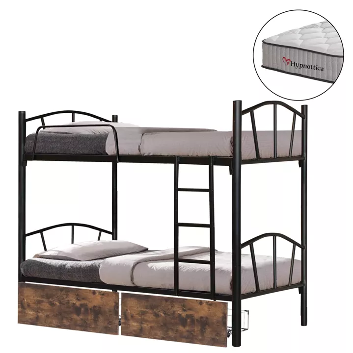BUNK BED WITH BROWN DRAWERS & MATTRESSES FLOOR HM10749.03 METAL IN BLACK--FOR 90X190cm