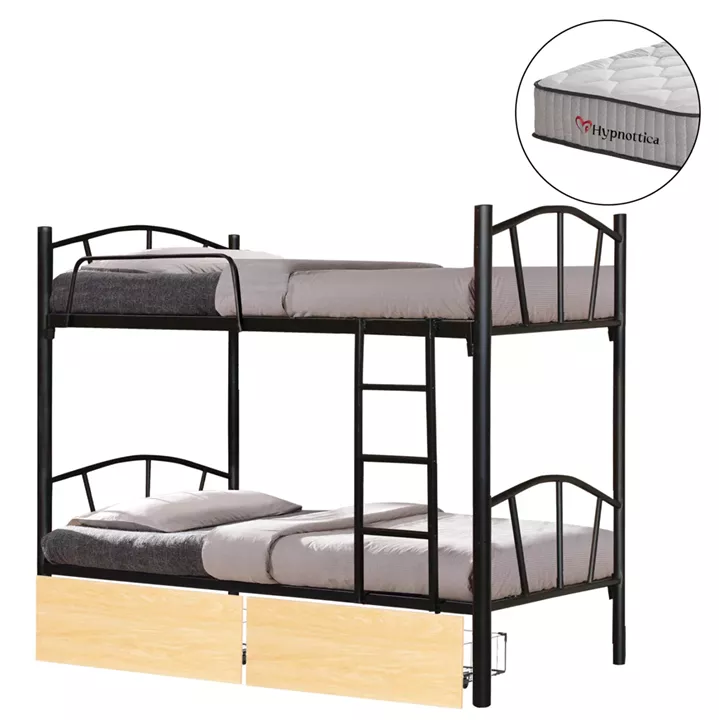 BUNK BED WITH SONAMA DRAWERS & MATTRESSES FLOOR HM10749.04 METAL IN BLACK--FOR 90X190cm