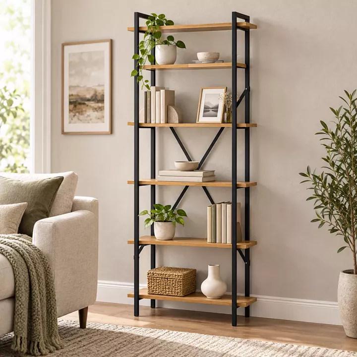 Βιβλιοθήκη Derena pakoworld oak με μαύρο μέταλλο 60x29x160εκ