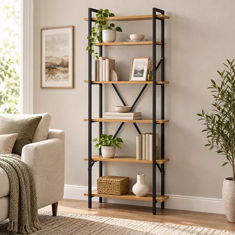 Βιβλιοθήκη Derena pakoworld oak με μαύρο μέταλλο 60x29x160εκ