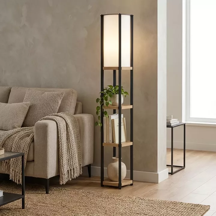 Floor lamp with shelves Starda pakoworld oak with black metal 25x25x150cm
