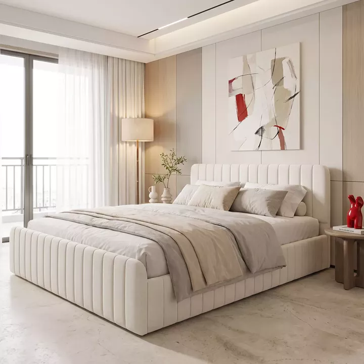 Κρεβάτι διπλό Myrelia pakoworld γκρι μπεζ ύφασμα 160x200εκ