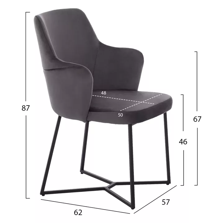 ARMCHAIR “TRIANA” HM9278.01 GREY VELVET WITH BLACK METAL LEGS 57x62x87H CM.