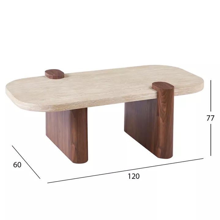 COFFEE TABLE ARDEN HM18435 MDF TOP IN TRAVERTINE STONE COLOR--MDF LEGS IN WALNUT 120x60x40Hcm.