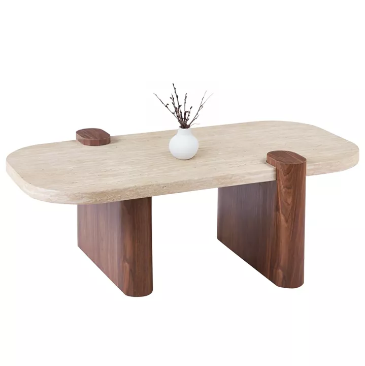 COFFEE TABLE ARDEN HM18435 MDF TOP IN TRAVERTINE STONE COLOR--MDF LEGS IN WALNUT 120x60x40Hcm.