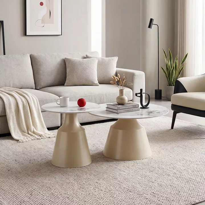 Sculpt coffee tables pakoworld set of 2 cappuccino metal-sintered stone white marble