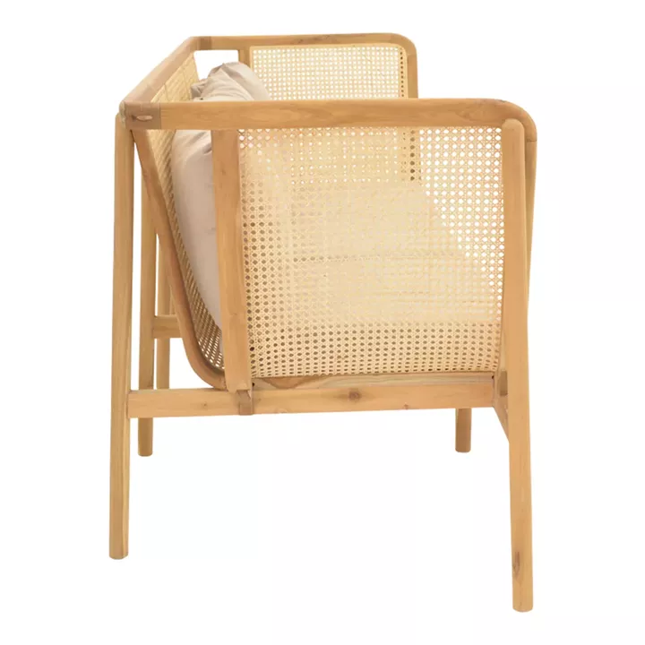 Καναπές τριθέσιος Jenta pakoworld teak ξύλο με rattan σε φυσική απόχρωση και μπεζ μαξιλάρι 203x67x92εκ