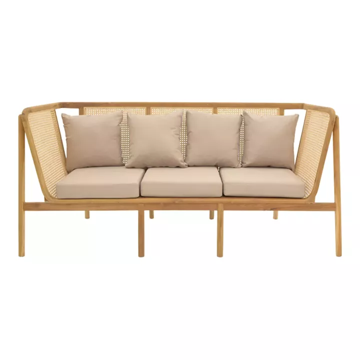 Καναπές τριθέσιος Jenta pakoworld teak ξύλο με rattan σε φυσική απόχρωση και μπεζ μαξιλάρι 203x67x92εκ
