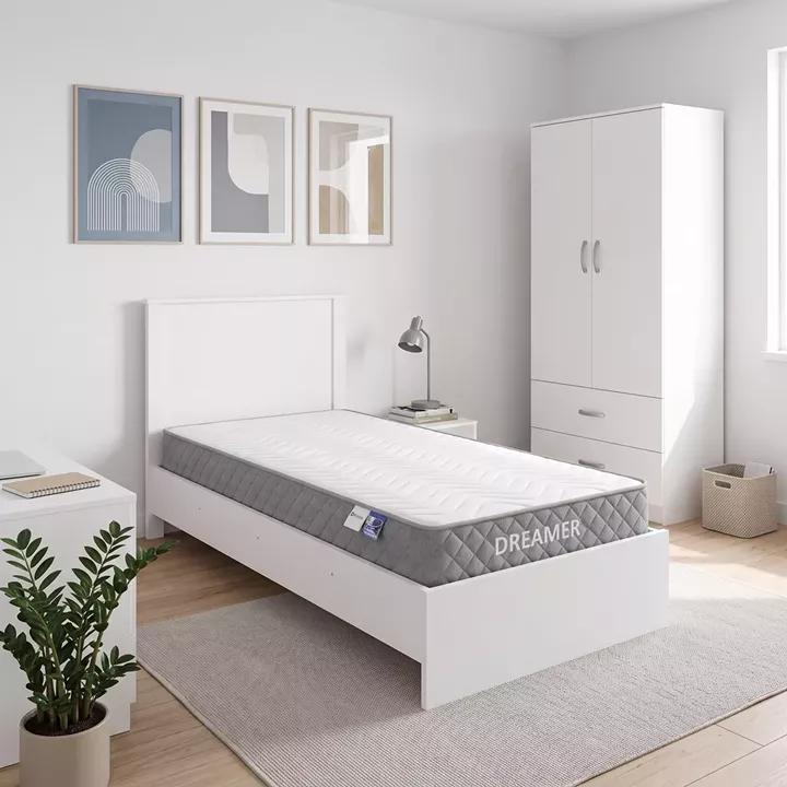 Athos White Bedroom Set with 2 Door Wardrobe and Dreamer Mattress 90x190cm 3 Piece Set