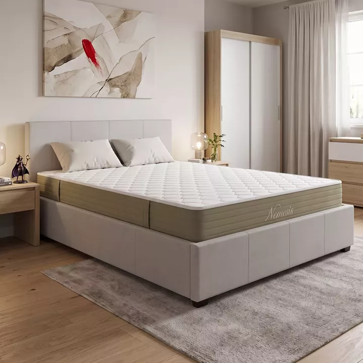 Bed with mattress and storage space Norse-Nemesis pakoworld fabric ecru 160x200cm